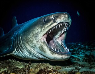 Naklejka premium Apex Predator: A close-up view of a formidable shark, displaying its powerful jaws and rows of razor-sharp teeth in its underwater habitat. A testament to the raw power of the ocean's apex predator.