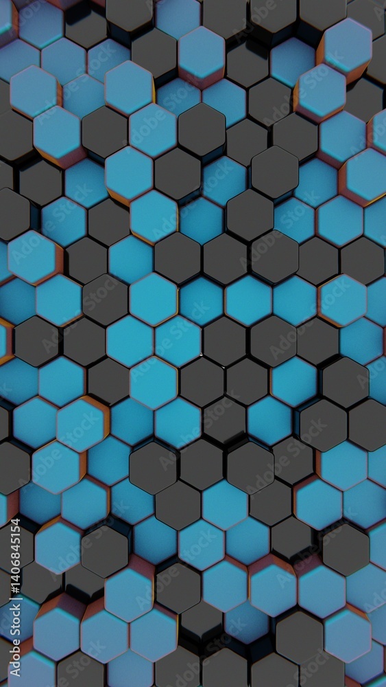 Aufkleber Black and blue hexagonal 3D blocks arranged in a honeycomb pattern, forming a modern, minimal design with repetitive geometry and a futuristic mosaic aesthetic...