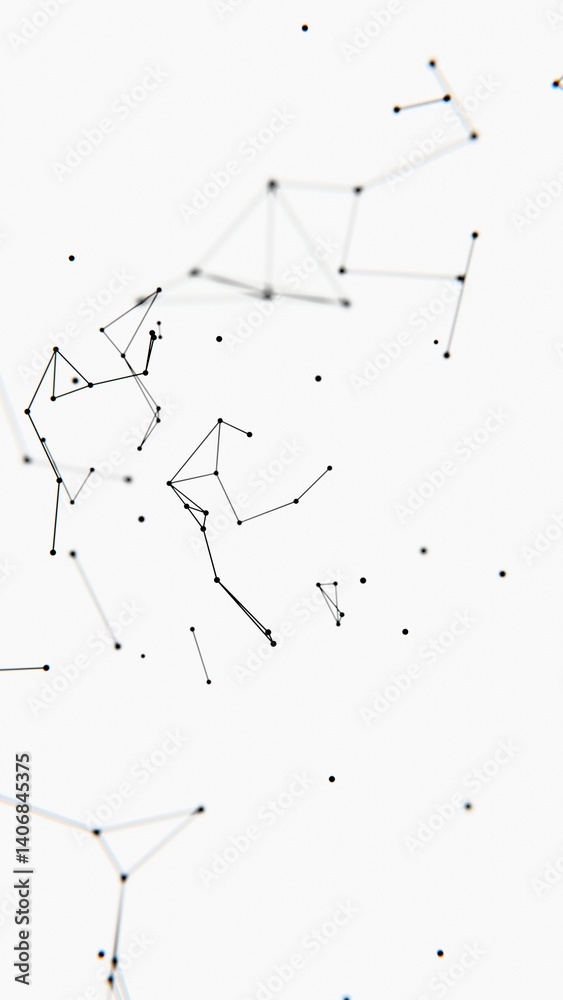 Fototapete Delicate lines and nodes form an abstract floating network on a white background, blending illusions and technology in a minimal, futuristic design........