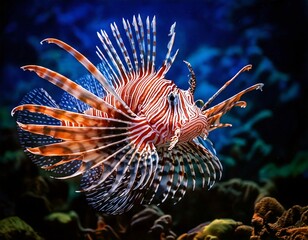 Venomous lionfish and clownfish inhabit a tropical aquarium reef