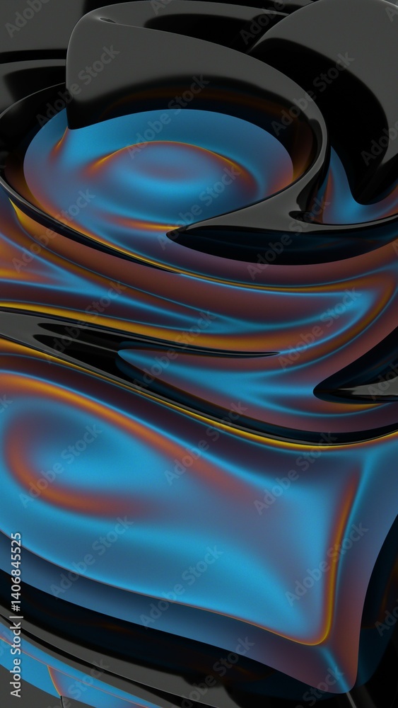 Poster A glossy black and blue swirl with hints of orange, forming a fluid, modern shape that merges reflection and color shifts in a dynamic 3D design........