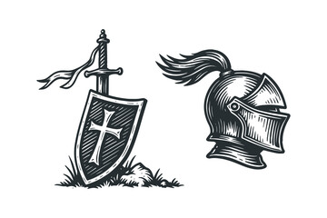 Medieval sword, shield and helmet in bold woodcut black ink style