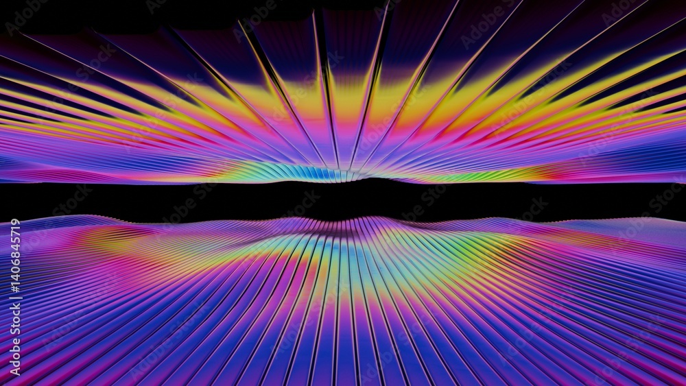 Poster rainbow lines converge at the horizon, glowing in neon against a black backdrop, creating a dynamic 