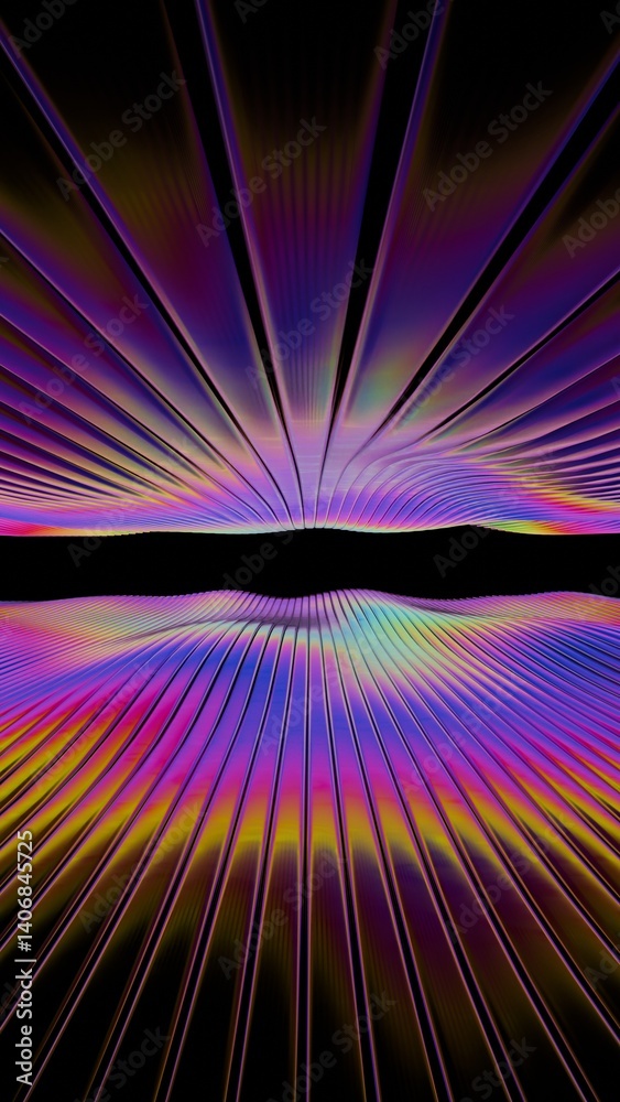 Poster Rainbow lines converge at the horizon, glowing in neon against a black backdrop, creating a dynamic wave pattern that merges illusions, technology, and synergy for a futuristic design........