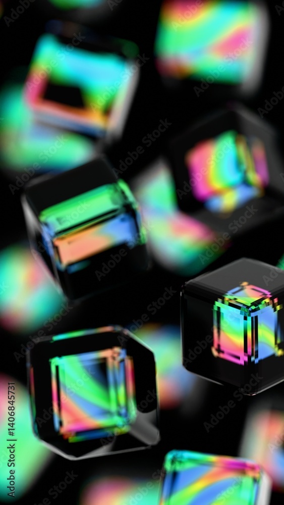 Poster glossy black cubes with iridescent edges arranged on a dark background, blending illusions and techn