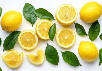 Fresh Lemons and Green Leaves on White Background, Sliced Citrus Fruits with Vibrant Colors, Healthy Natural Ingredients for Culinary Use and Decoration