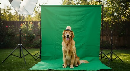 Golden retriever posing in front of green screen with lighting equipment outdoors