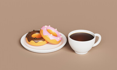 아침 식사 커피 도넛 초콜릿 조각 아이콘 Breakfast Coffee and Two Donuts with Chocolate Flake Icon
