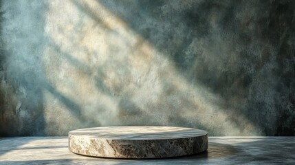 Round Stone Podium on Grunge Wall with Light Beams