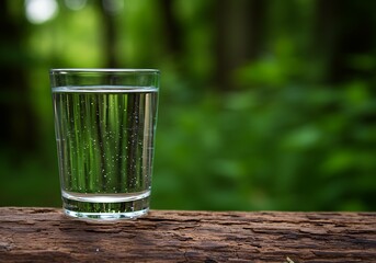 Refreshing glass of water in nature serene forest backdrop clear bubbles soft light