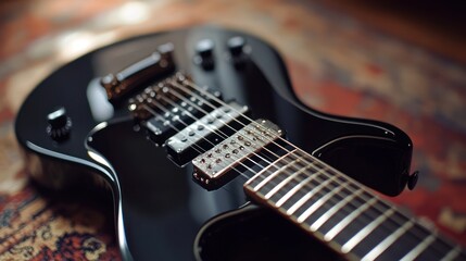 Obraz premium Black electric guitar on rug, close-up