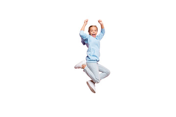 Full body profile photo of pretty small lady jumping high celebrating best sportive competition...