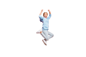 Full body profile photo of pretty small lady jumping high celebrating best sportive competition victory wear casual outfit isolated pastel pink color background