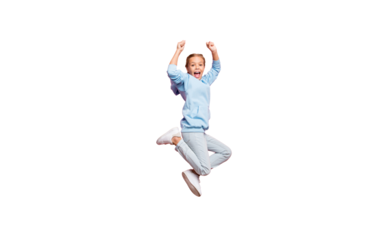 Full body profile photo of pretty small lady jumping high celebrating best sportive competition victory wear casual outfit isolated pastel pink color background - Powered by Adobe