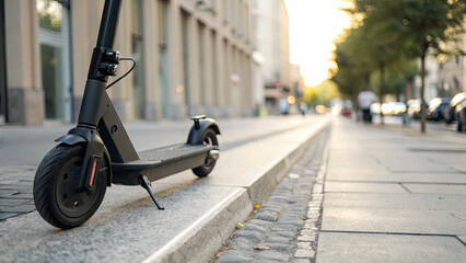 Modern electric scooter parked on city sidewalk, compact and eco-friendly urban transportation for sustainable mobility and green lifestyle concept.
