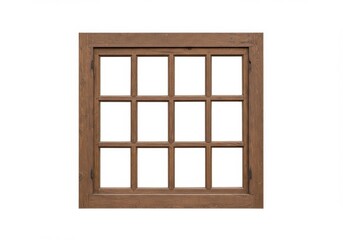 A brown wooden window frame with twelve panes against a stark white background in a square shape