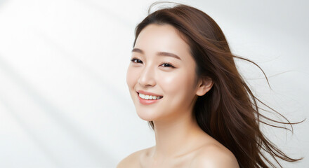 髪を風になびかせ振り向く若い女性（美容、ビューティー、化粧品、、スキンケア、健康）