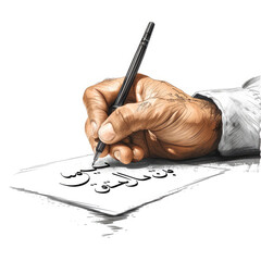 A stylized illustration of a weathered hand meticulously writing elaborate calligraphy on a piece of paper.
