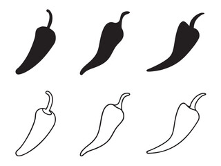 Chili pepper vegetable icon, silhouette vector set for cooking meals. Spicy food elements, organic ingredients, healthy vegan illustration. Chili pepper icon set illustration on white background, perf