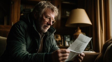 Contemplative older man reading document in cozy home