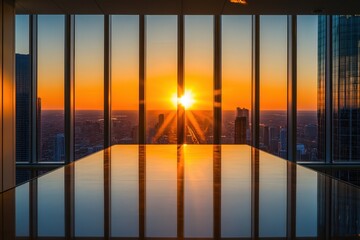 Fototapeta premium Sunset cityscape view through large windows