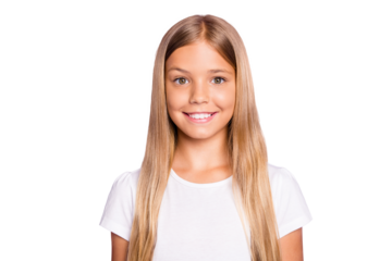 Close up photo of pretty positive cheerful child look have fun free time holidays with her family friends wear white t-shirt clothe isolated over violet color background