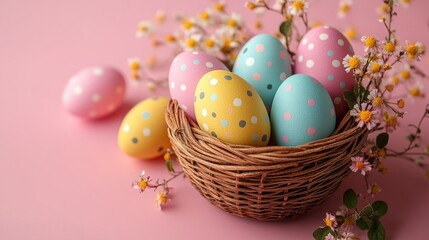 Colorful Easter Basket with Pink Background and Decorative Eggs