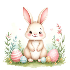Obraz premium Hand-painted bunny, Easter egg cluster, watercolor spring decor, adorable festive illustration