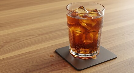 Refreshing Cold Drink with Ice Cubes on a Wooden Table