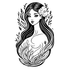 Elegant Line Art Portrait of a Floral Woman