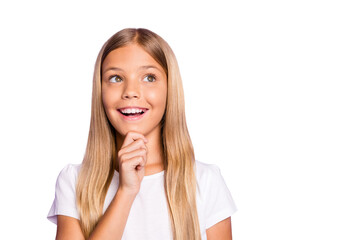 Portrait of positive cheerful funky interested child think about her future weekends feel content...