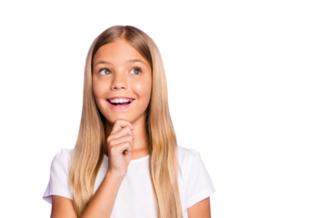Portrait of positive cheerful funky interested child think about her future weekends feel content excited enthusiastic wear white t-shirt isolated over violet color background