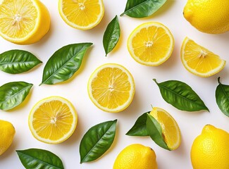 Fresh Slices of Bright Lemons Surrounded by Green Leaves on White Background Perfect for Cooking, Baking, or Summer Refreshment Uses in Creative Projects