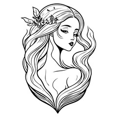 Enigmatic Beauty with Floral Crown Line Artwork
