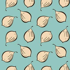 Seamless pattern with exotic fruits Figs. Hand doodle drawing. Contour figs on pastel blue background.