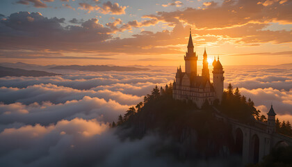 Castle on Mountain Top with Cloudscape at Sunset Fantasy Landscape