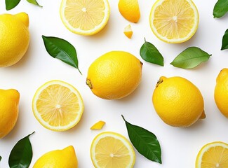 Fresh Yellow Lemons and Lemon Slices Arranged with Green Leaves on White Background for Healthy Cooking and Refreshing Beverages