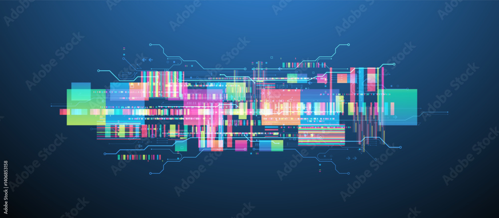 Poster Technological background with colorful squares glowing on a blue gradient.