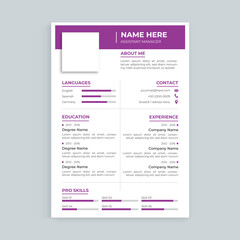 Modern Corporate Resume Template for Assistant Management, Purple Theme, Professional Journey with Strategic Communication, Analytical Skills, and Proven Experience	
