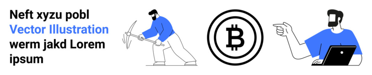 Miner breaking rocks with pickaxe, bitcoin icon, person pointing at screen while using laptop. Ideal for cryptocurrency, blockchain, mining, digital assets, fintech, economy flat landing page banner