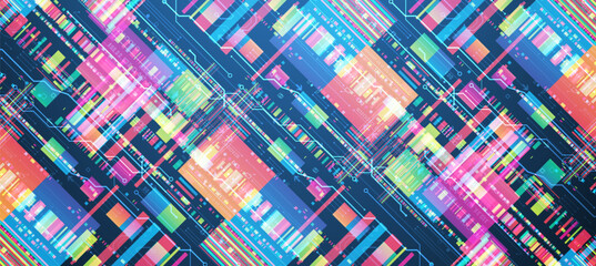 Technological background with colorful squares glowing on a blue gradient.