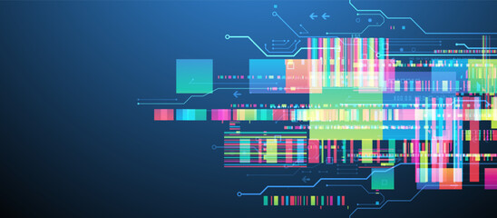 Obraz premium Technological background with colorful squares glowing on a blue gradient.