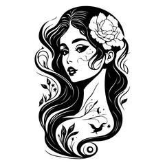 Mystical woman with floral ornament and bird tattoo