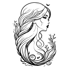 Ethereal Woman with Flowing Hair and Nature Elements