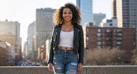 Confident Young Woman in Leather Jacket and Ripped Jeans in Urban Cityscape