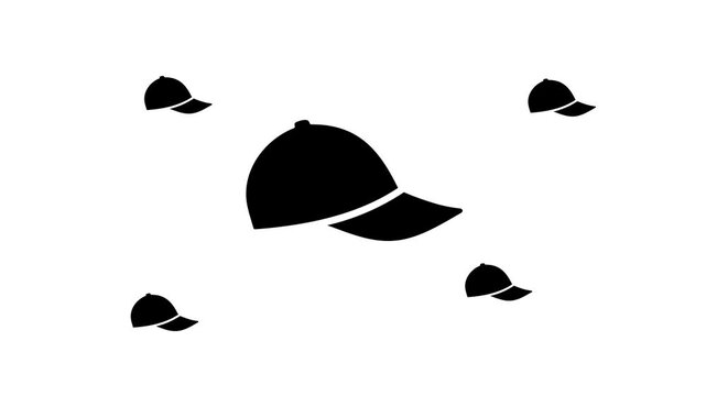 Zoom in and out animation the baseball cap symbol. Large black symbol in the center and four small symbols around. Seamless looped 4k animation on white background