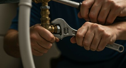Plumber Tightening Pipe Fitting with Adjustable Wrench