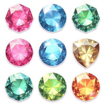Round gem stickers, shiny colorful embellishments, jewel decor elements, white background