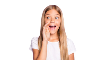 Close up photo of  excited funky interested model child girl hold hand near mouth share confidential information tell rumors wear style clothes isolated over violet color background
