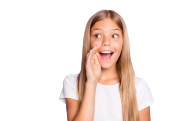 Close up photo of excited funky interested model child girl hold hand near mouth share confidential information tell rumors wear style clothes isolated over violet color background